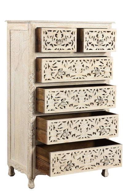 35" White Carved Floral Solid Wood Six Drawer Dresser