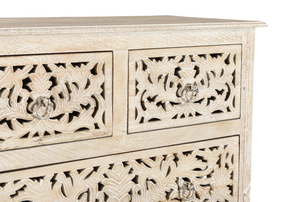 35" White Carved Floral Solid Wood Six Drawer Dresser