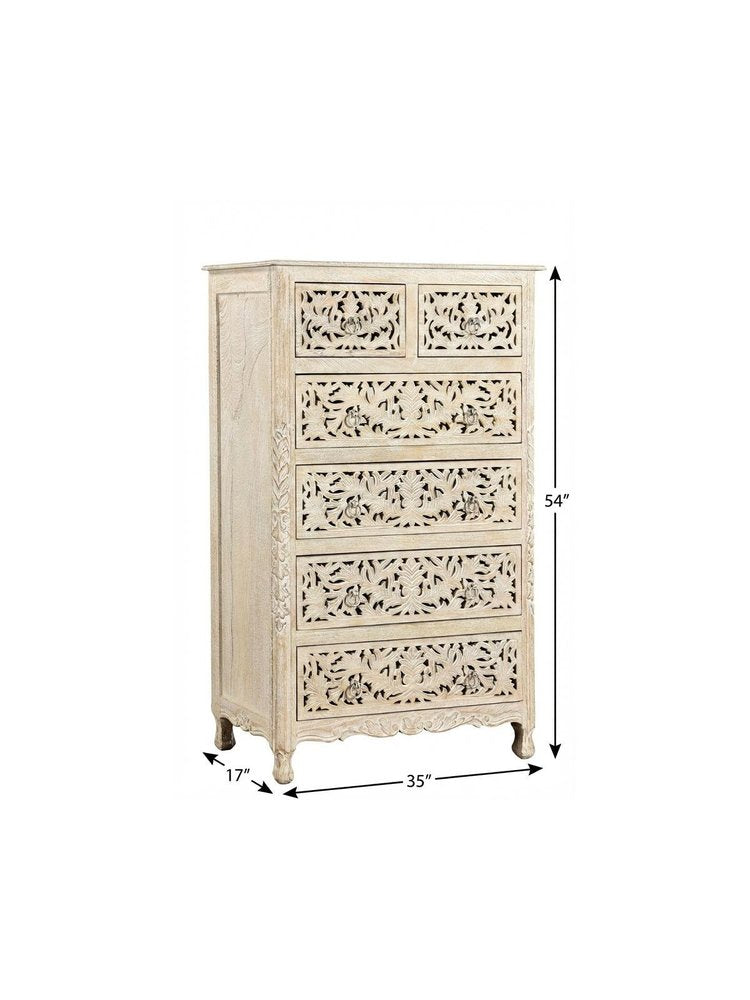 35" White Carved Floral Solid Wood Six Drawer Dresser