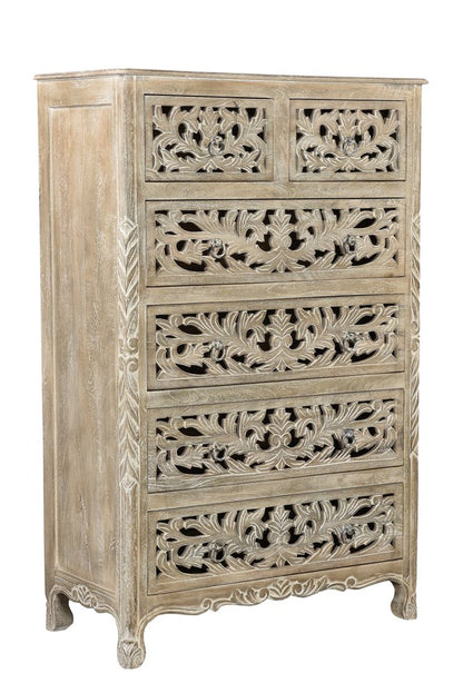35" Gray Carved Floral Solid Wood Six Drawer Dresser
