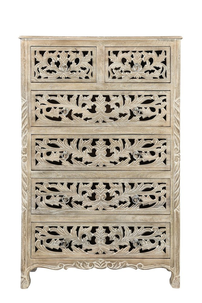 35" Gray Carved Floral Solid Wood Six Drawer Dresser