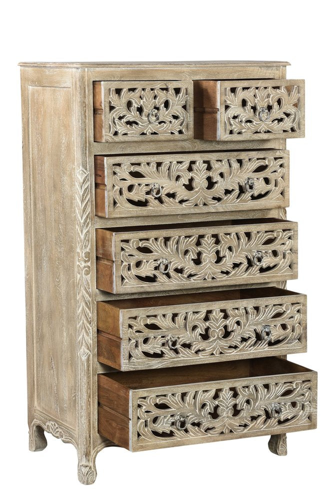35" Gray Carved Floral Solid Wood Six Drawer Dresser