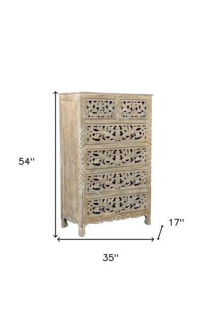 35" Gray Carved Floral Solid Wood Six Drawer Dresser