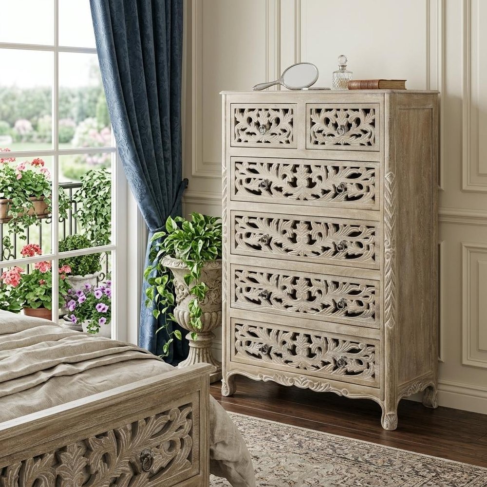 35" Gray Solid Wood Six Drawer Chest