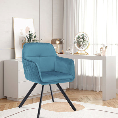 Tufted Blue And Black Velvet and Metal Dining Arm Chair