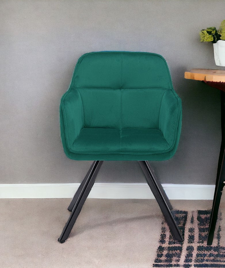 Tufted Green And Black Velvet and Metal Dining Arm Chair