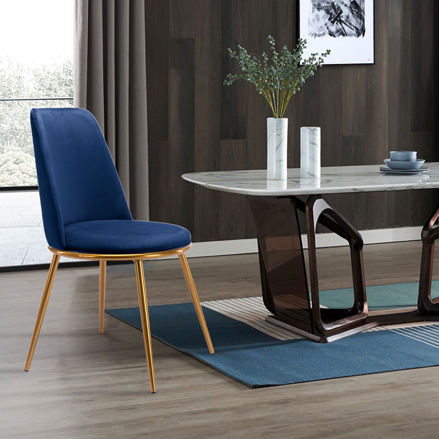 Blue And Gold Upholstered Velvet Dining Side Chair