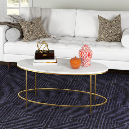 42" White And Gold Faux Marble And Steel Oval Coffee Table