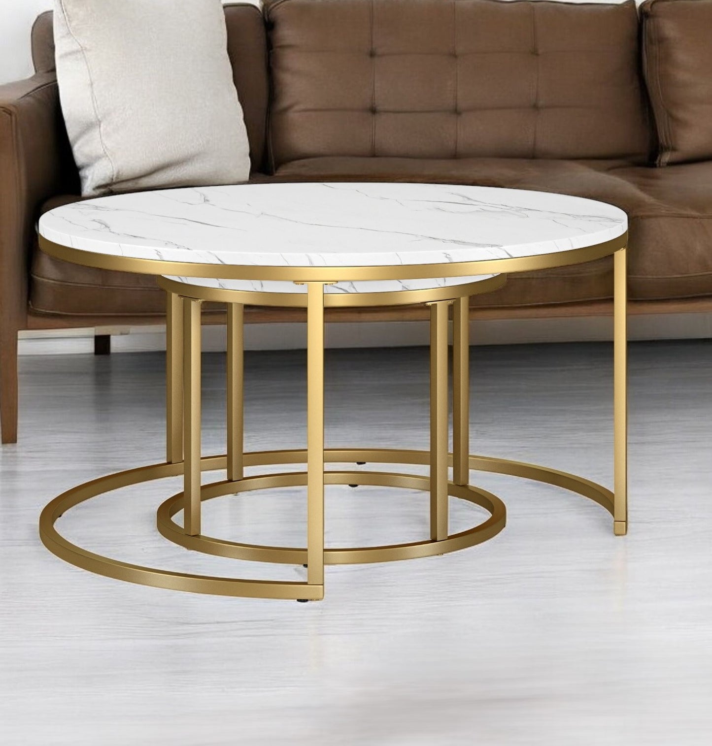 Set of Two 35" White And Gold Faux Marble And Steel Round Nested Coffee Tables