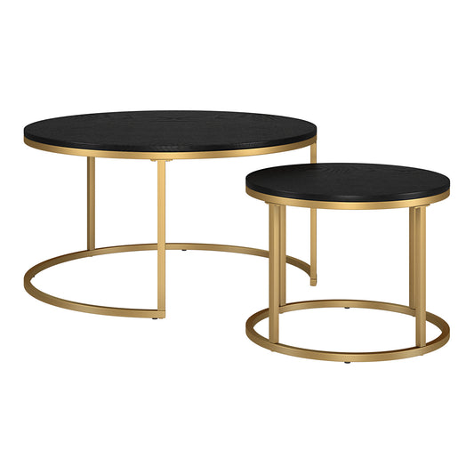 Set of Two 35" Black And Gold Steel Round Nested Coffee Tables