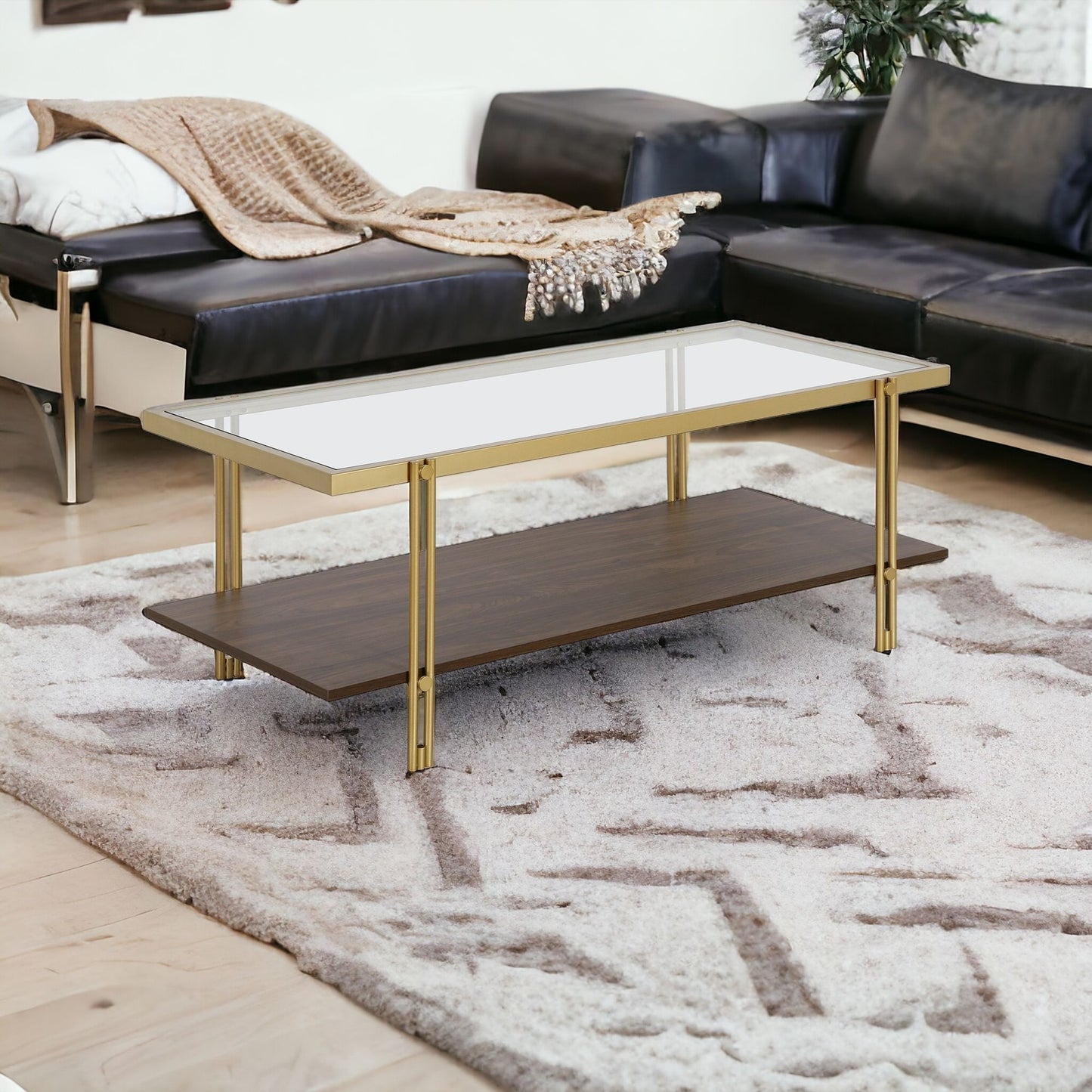 45" Brown And Gold Glass And Steel Coffee Table With Shelf