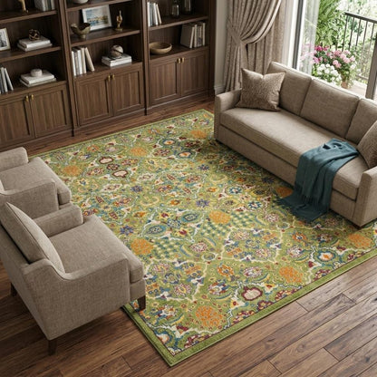 7' X 10' Green Floral Power Loom Area Rug