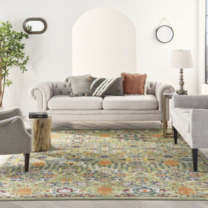 7' X 10' Green Floral Power Loom Area Rug