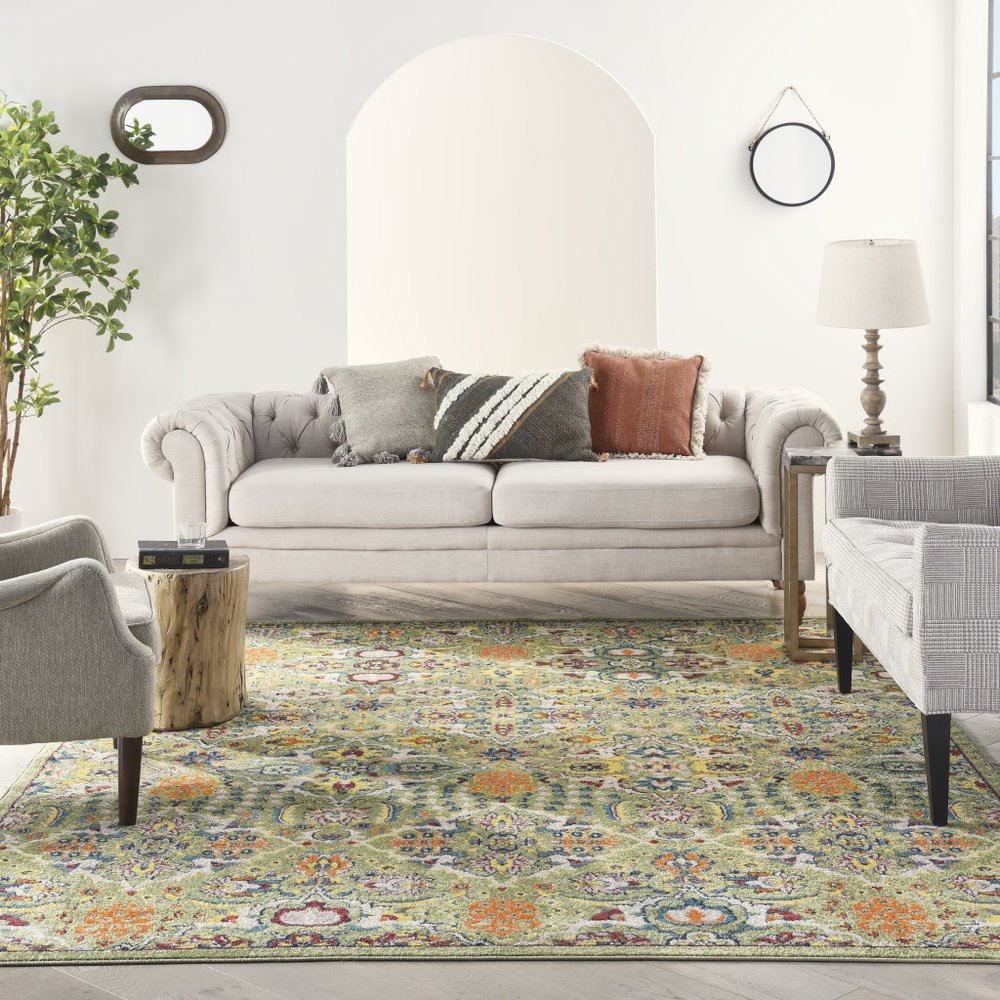 7' X 10' Green Floral Power Loom Area Rug