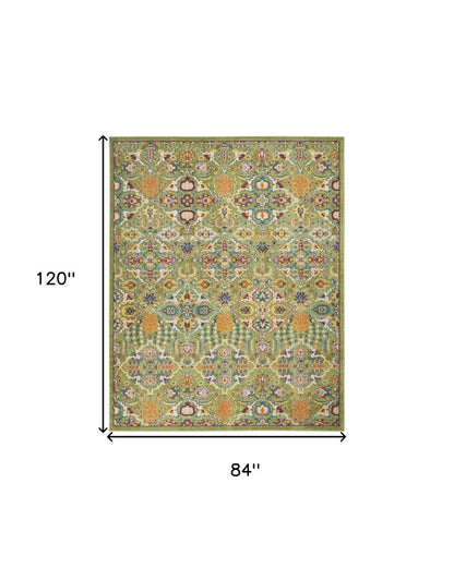 7' X 10' Green Floral Power Loom Area Rug