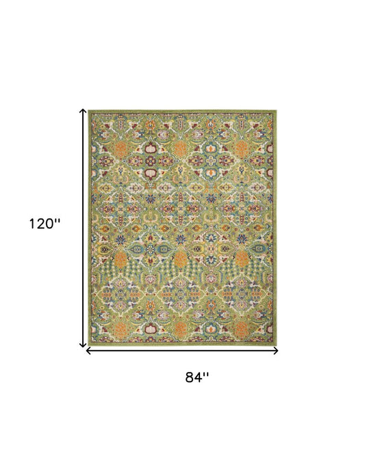 7' X 10' Green Floral Power Loom Area Rug