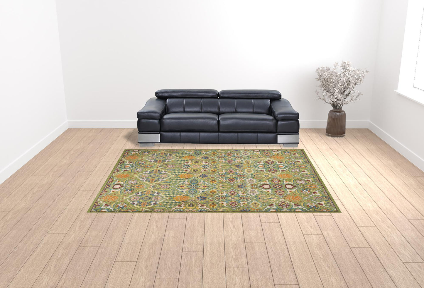 9' X 12' Green Floral Power Loom Area Rug