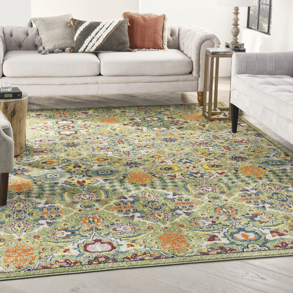 9' X 12' Green Floral Power Loom Area Rug