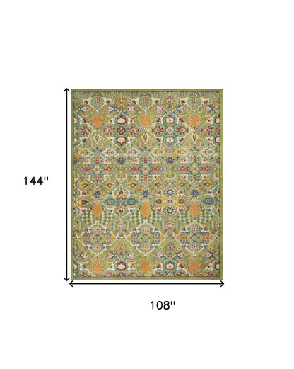 9' X 12' Green Floral Power Loom Area Rug