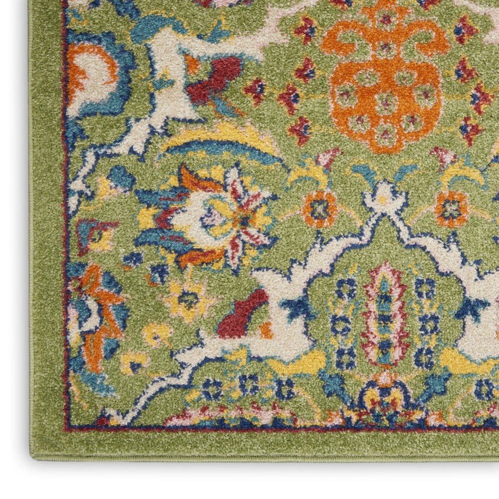 8' Green Floral Power Loom Runner Rug