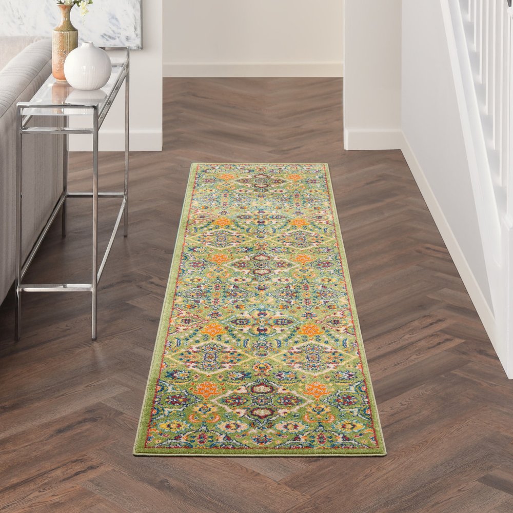 8' Green Floral Power Loom Runner Rug
