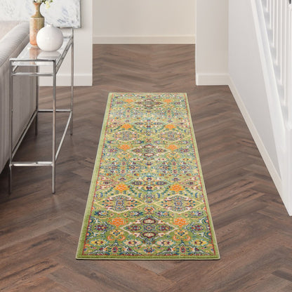 8' Green Floral Power Loom Runner Rug