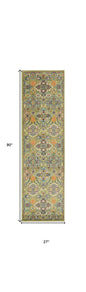 8' Green Floral Power Loom Runner Rug