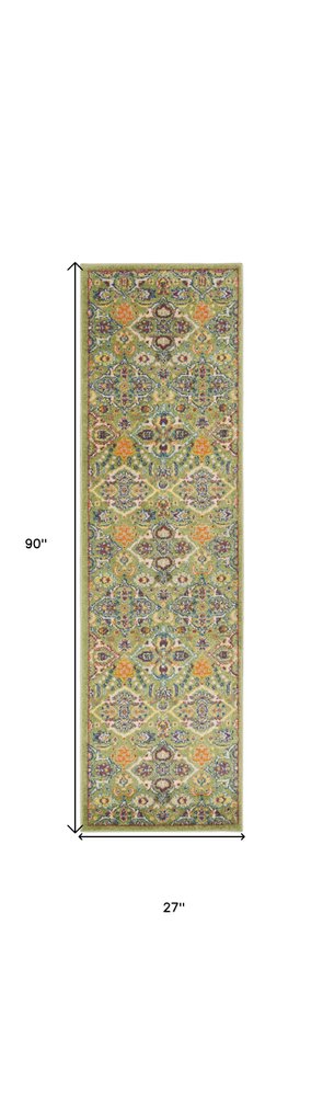 8' Green Floral Power Loom Runner Rug