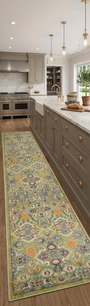 8' Green Floral Power Loom Runner Rug