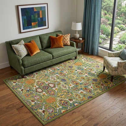 5' X 7' Green Floral Power Loom Area Rug