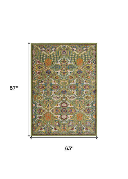 5' X 7' Green Floral Power Loom Area Rug