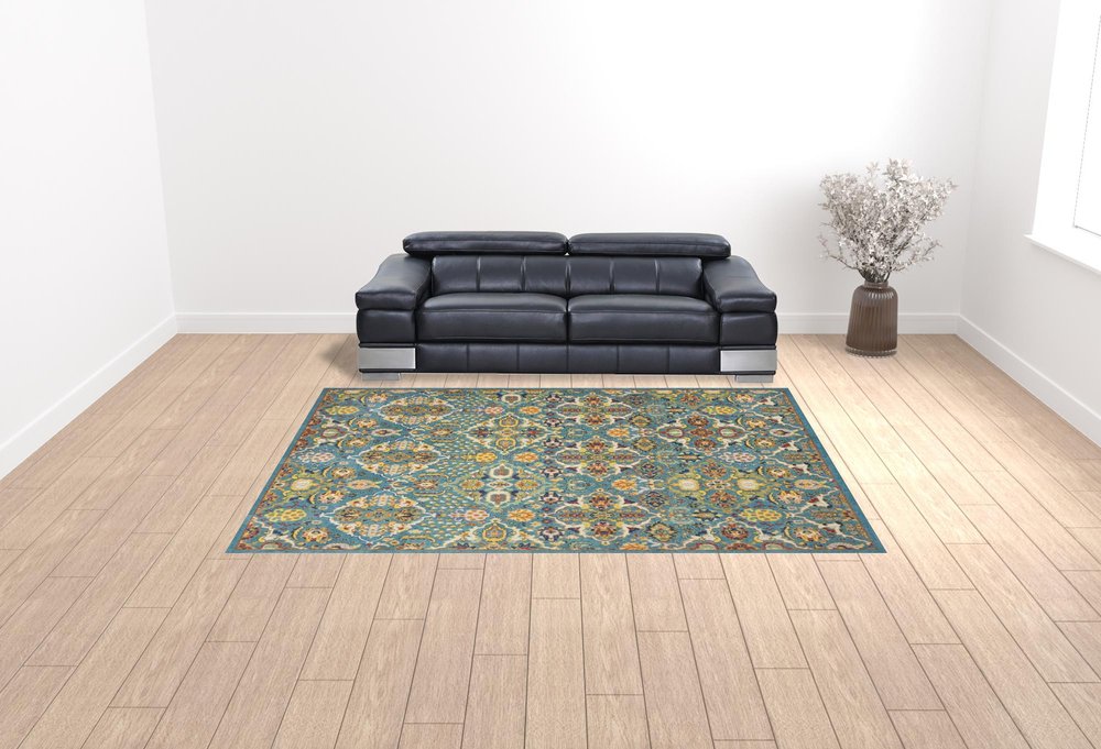 9' X 12' Teal and Gold Floral Power Loom Area Rug