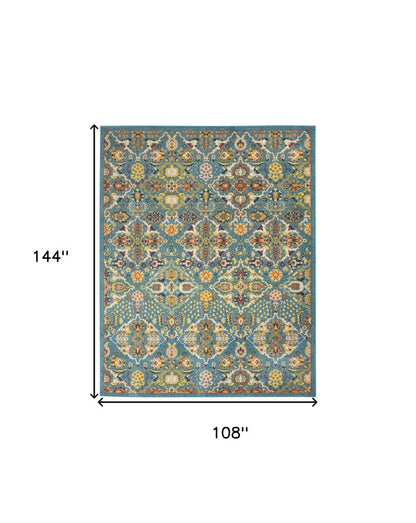 9' X 12' Teal and Gold Floral Power Loom Area Rug