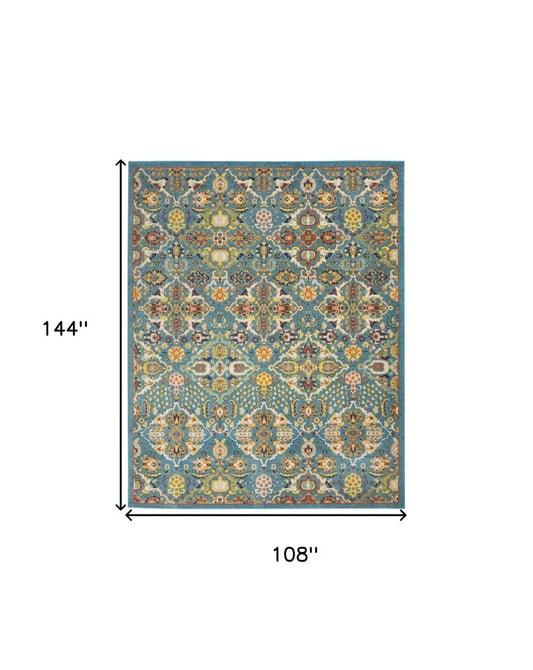 9' X 12' Teal and Gold Floral Power Loom Area Rug