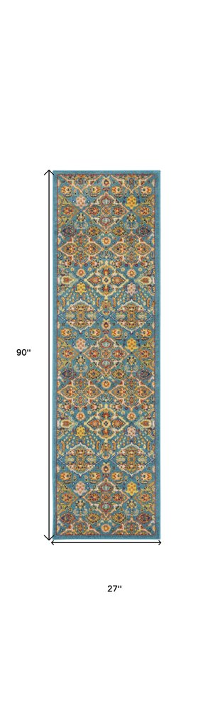 8' Blue Floral Power Loom Runner Rug