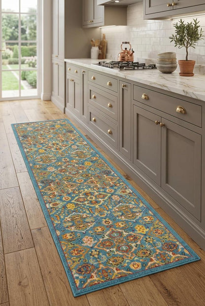 8' Blue Floral Power Loom Runner Rug