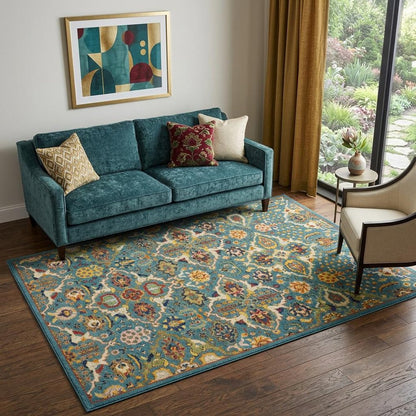 5' X 7' Blue Floral Power Loom Area Rug
