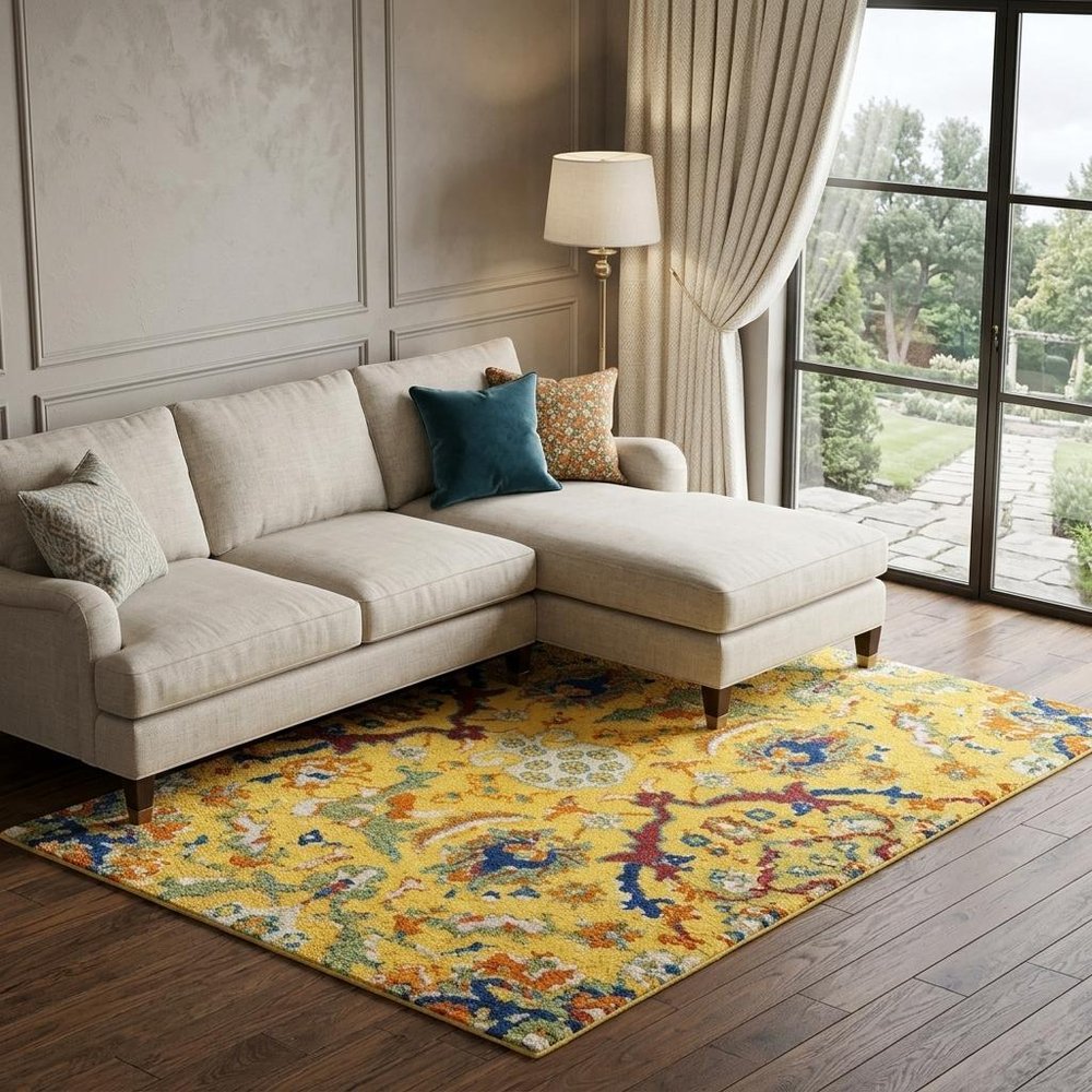 9' X 12' Yellow Floral Power Loom Area Rug