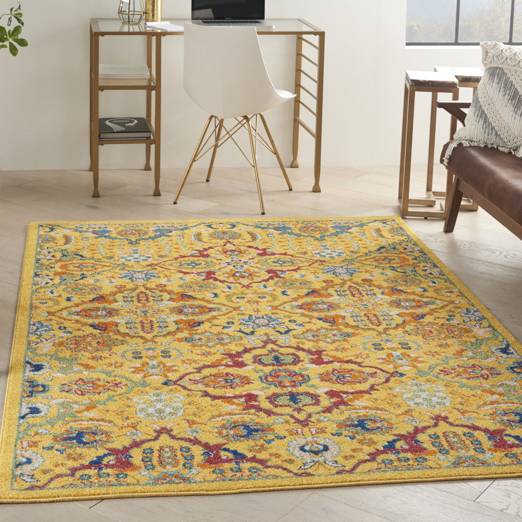 4' X 6' Yellow Floral Power Loom Area Rug