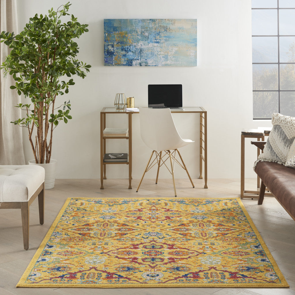 4' X 6' Yellow Floral Power Loom Area Rug