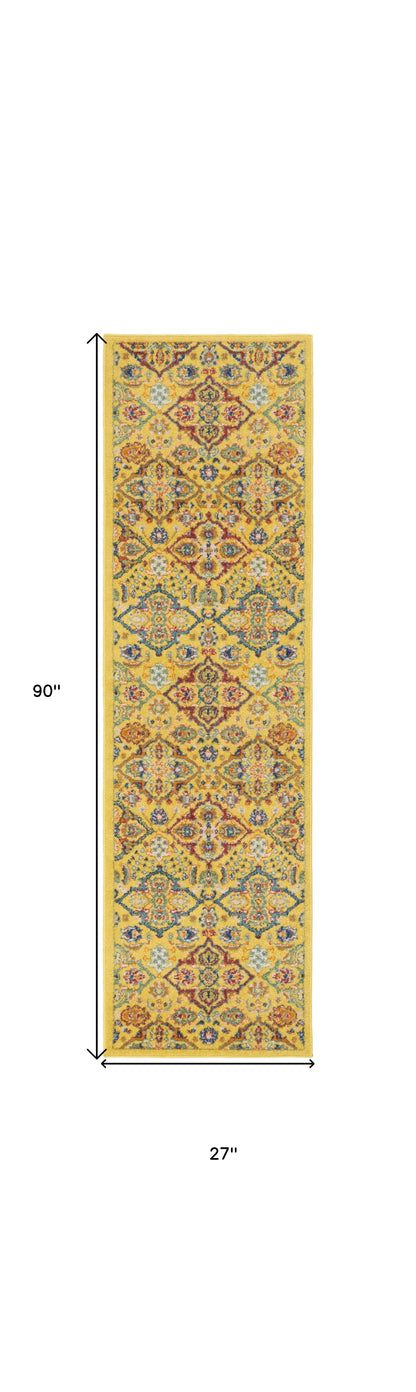 8' Yellow Floral Power Loom Runner Rug