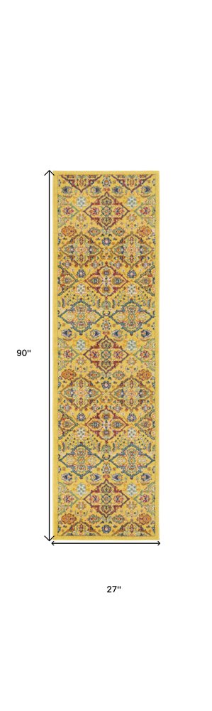 8' Yellow Floral Power Loom Runner Rug