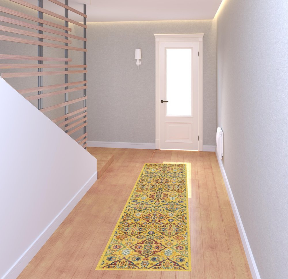 8' Yellow Floral Power Loom Runner Rug