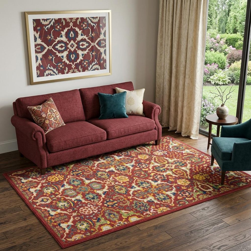 5' X 7' Red Floral Power Loom Area Rug