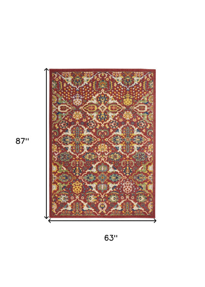 5' X 7' Red Floral Power Loom Area Rug