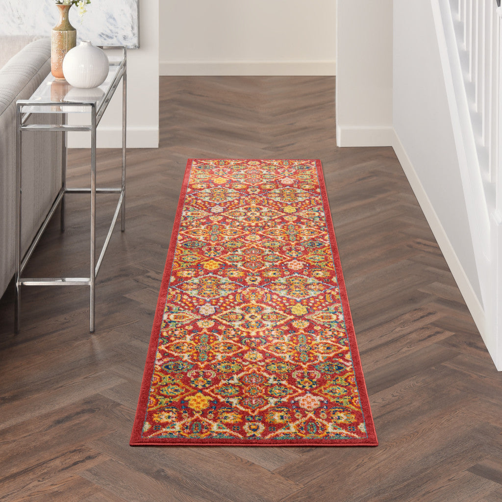 8' Red Floral Power Loom Runner Rug