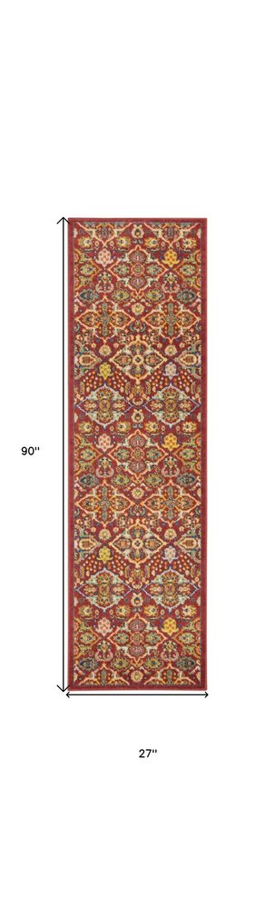 8' Red Floral Power Loom Runner Rug