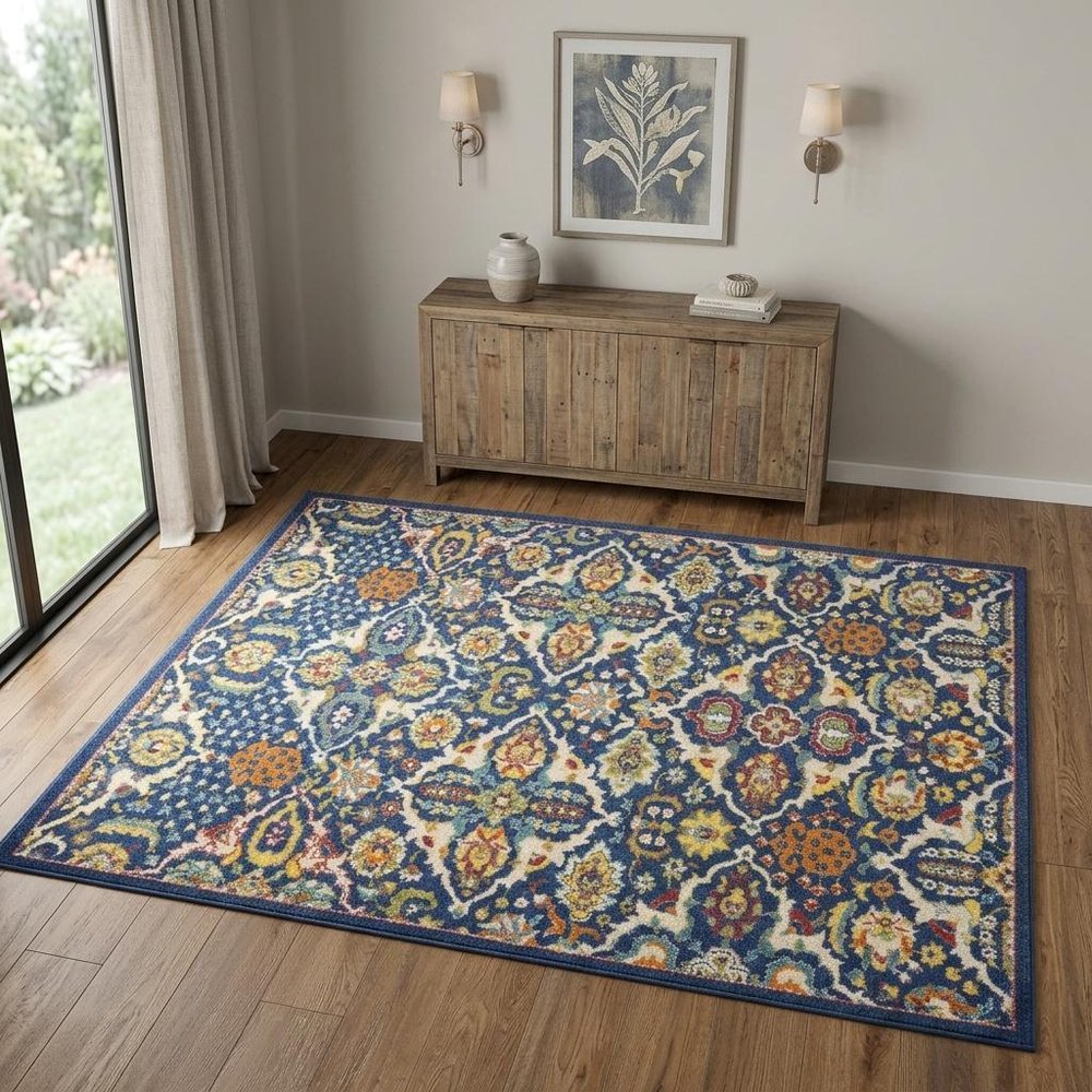 4' X 6' Blue Floral Power Loom Area Rug