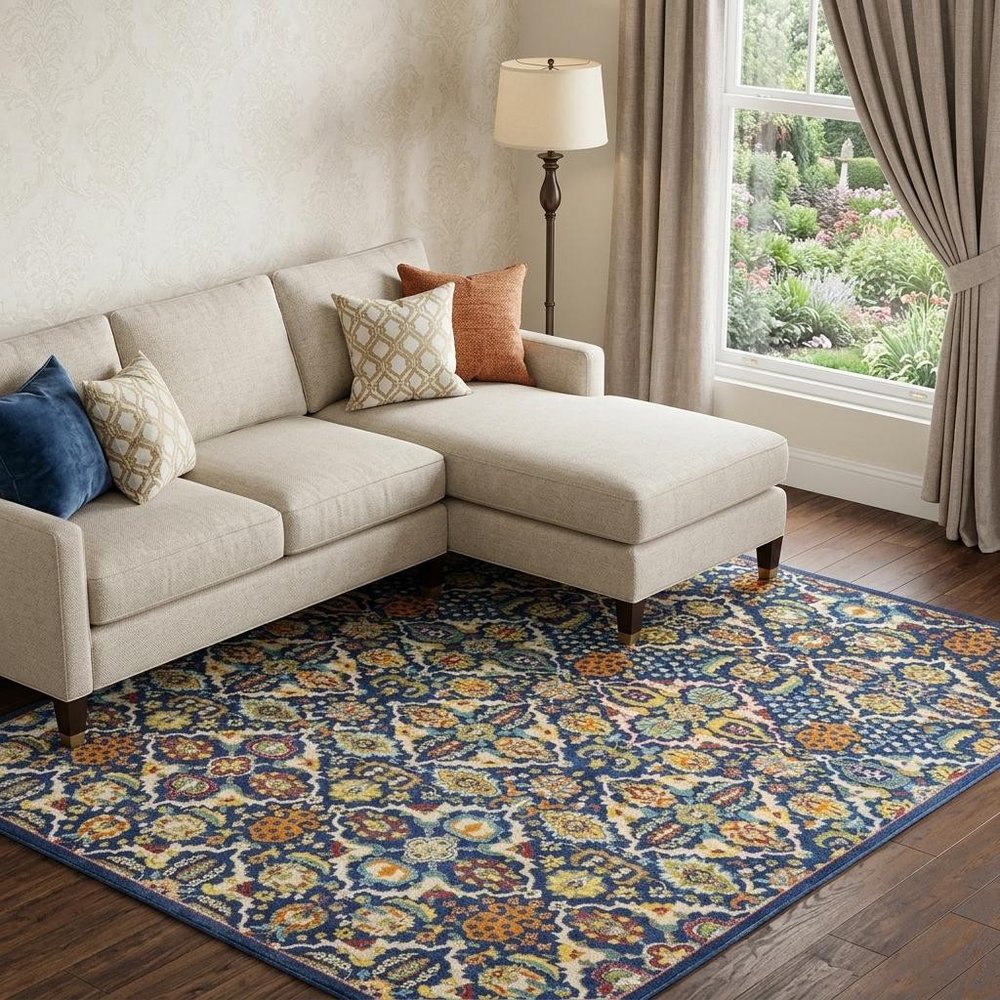 9' X 12' Blue and Yellow Floral Power Loom Area Rug