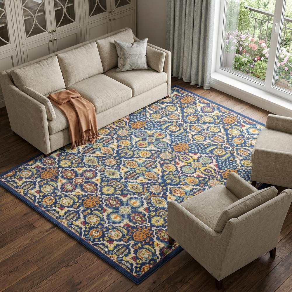 8' X 10' Blue Floral Power Loom Area Rug